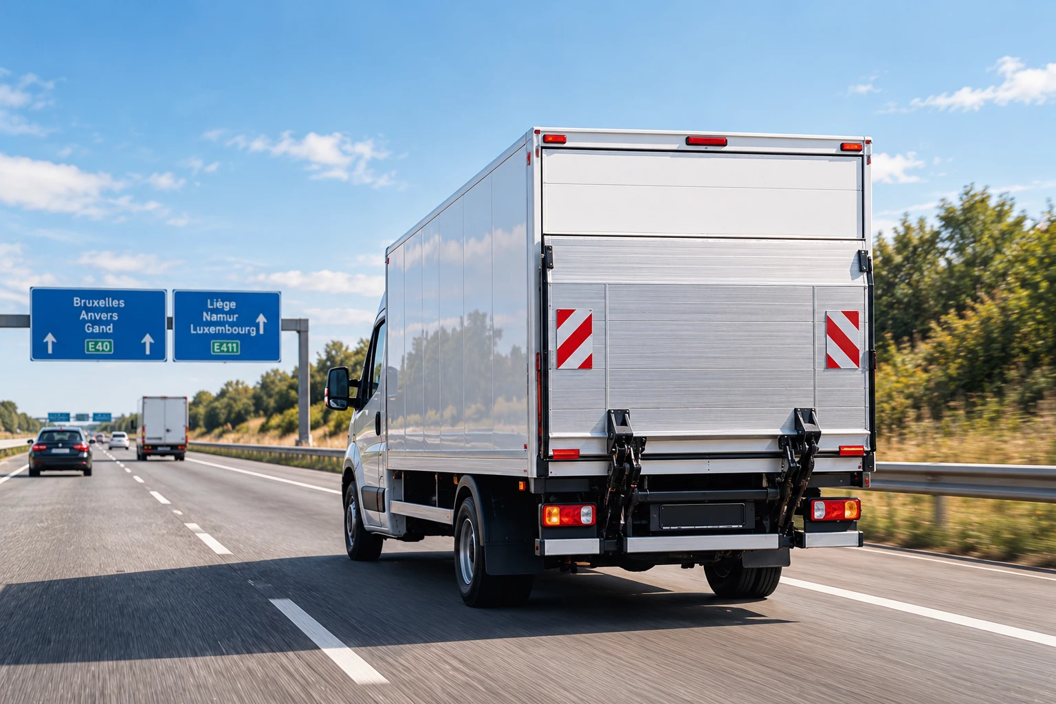 Camion d'Izi Déménagement sur l'autoroute belge, à hauteur des sorties vers Anvers, Gand, Liège et Namur