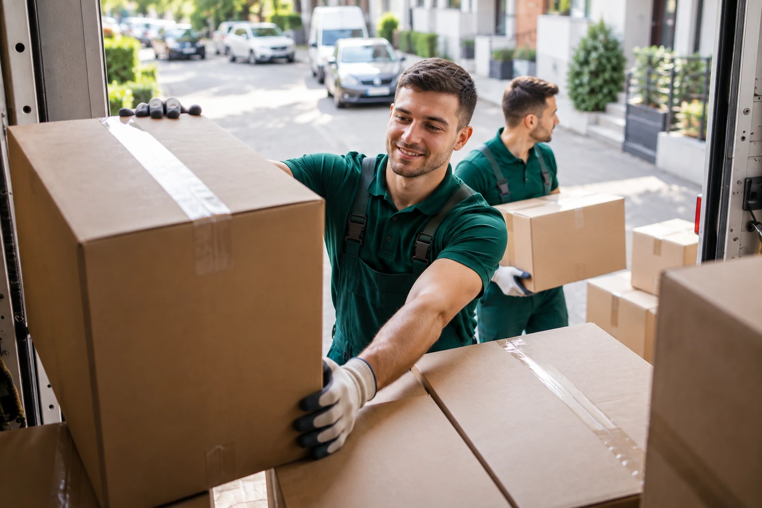 Deux déménageurs d'Izi Déménagement chargeant des cartons dans le camion, en pleine rue