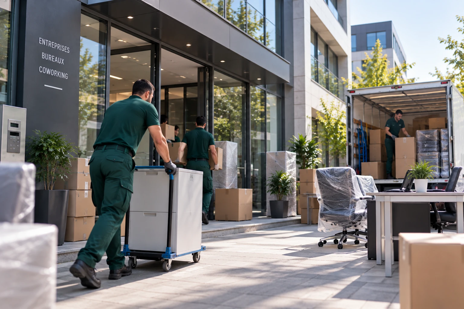 Déménageurs d'Izi Déménagement sortant armoires, chaises et cartons d'un immeuble de bureaux vers leur camion