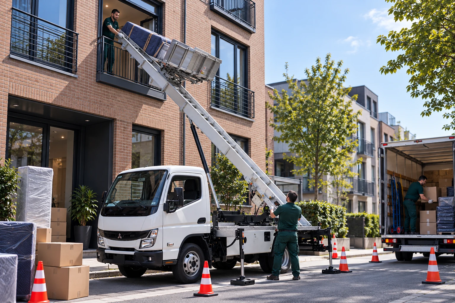 Lift monte-meubles d'Izi Déménagement hissant un matelas protégé jusqu'au balcon d'un étage, un opérateur aux commandes et le camion en cours de chargement