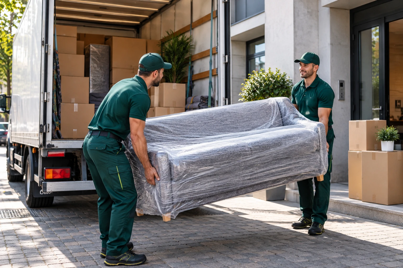 Deux déménageurs d'Izi Déménagement sortant du camion un canapé emballé dans un film de protection